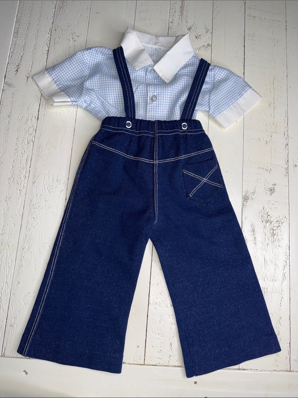 9-12m 1970s vintage Children's Navy Blue Suspender jumper Classic button shirt